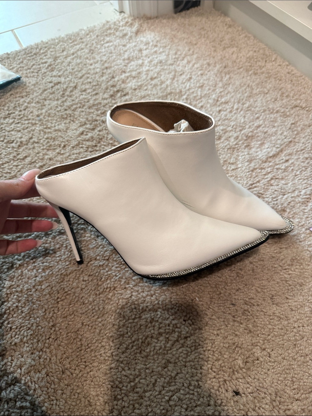 Fashion Nova White Pointed Stiletto Mule with Rhinestone Trim